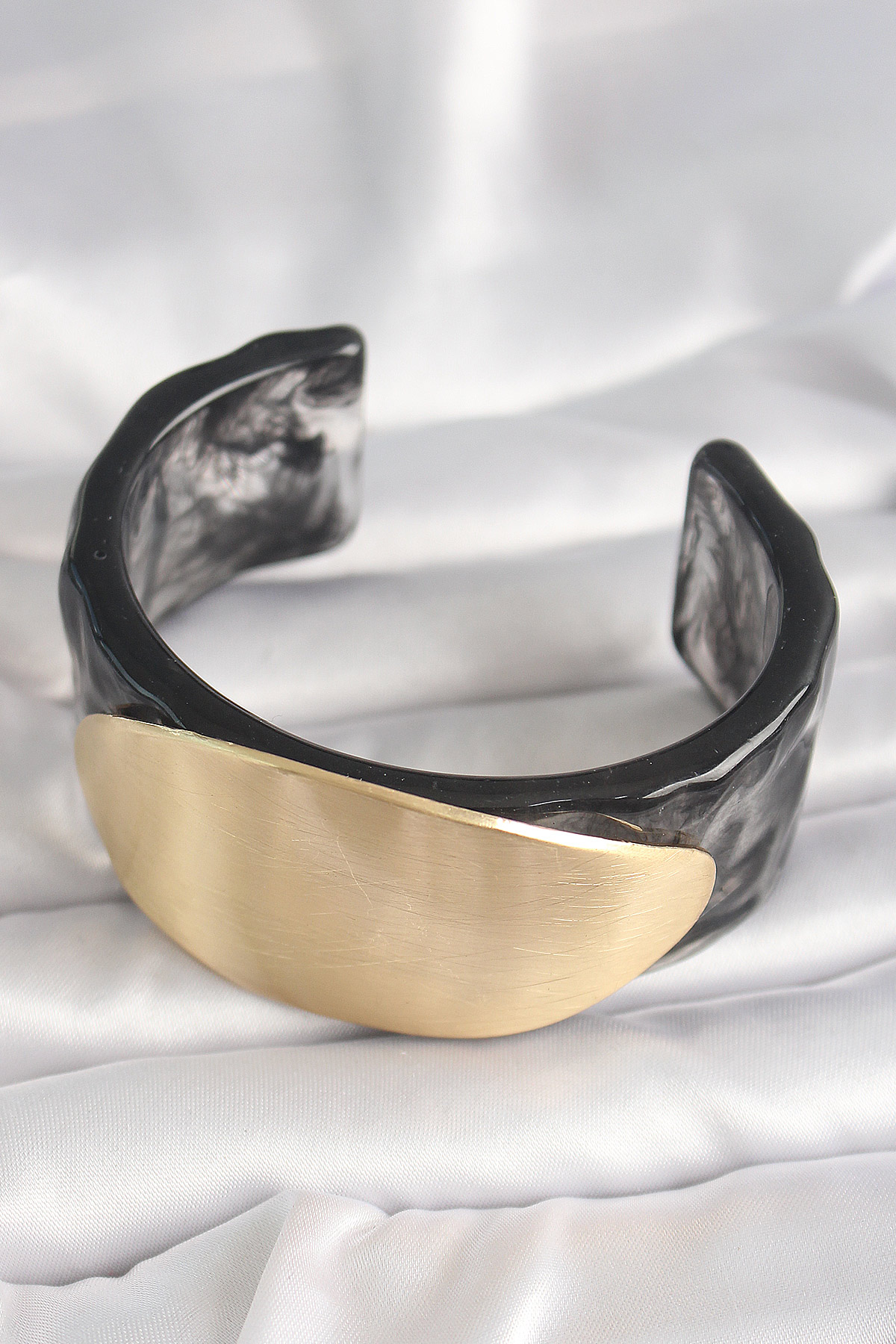 Siyah Mermer Desen Akrilik Plastik Gold Oval Plaka Model Vintage Kadın Bilezik 2