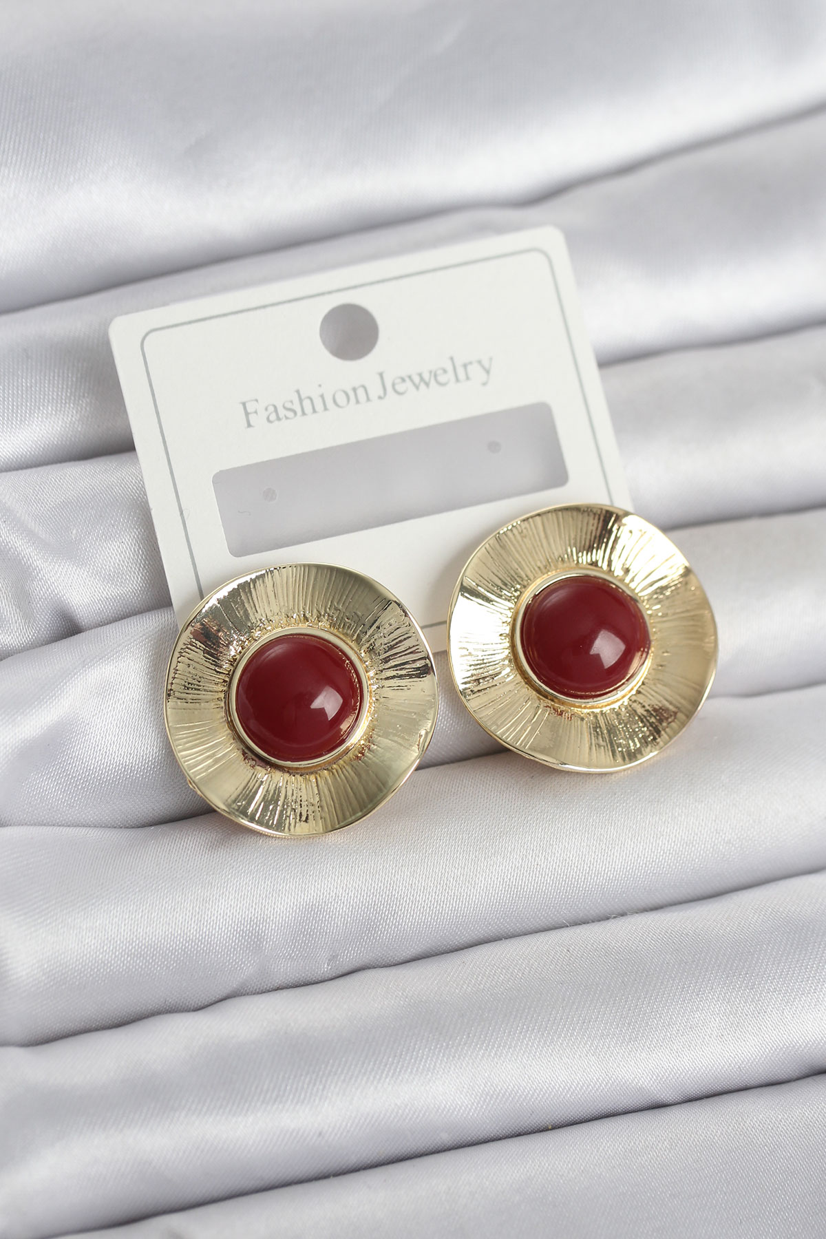 Vintage Model Bordo Gold Renk Pirinç Kadın Küpe 2