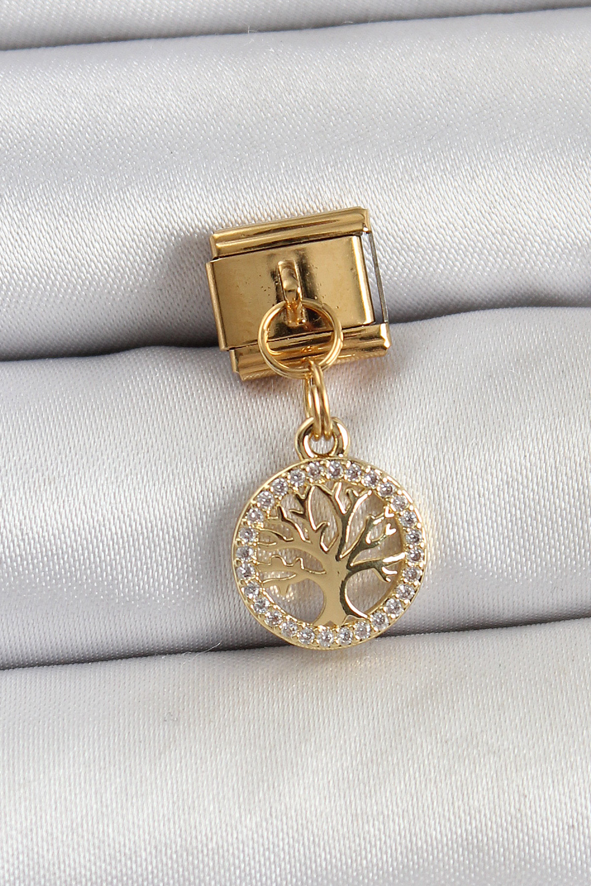 Çelik Sallantılı Zirkon Taşlı Hayat Ağacı Model Gold Renk Nomination Charm