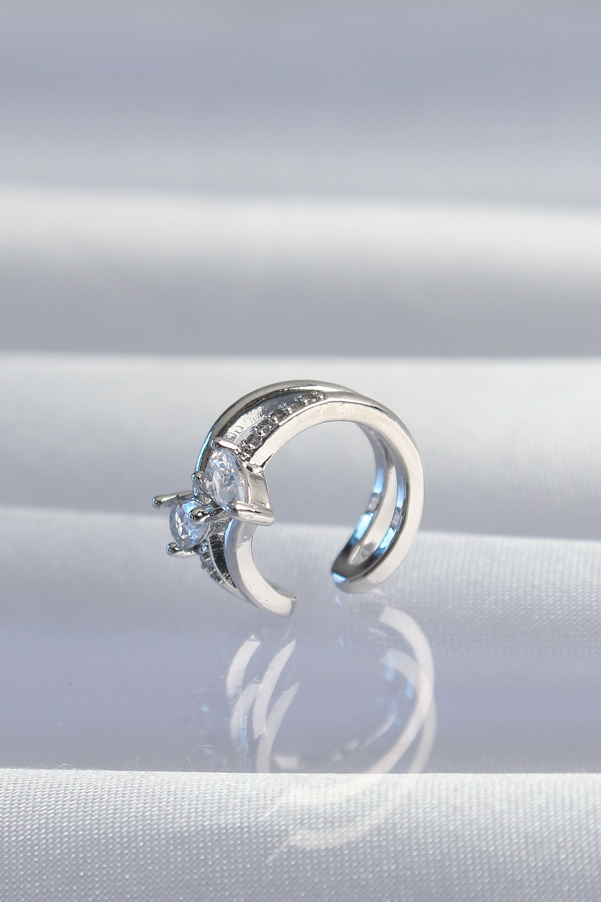 Pirinç Gümüş Renk Zirkon Taşlı Damla Earcuff Küpe 2