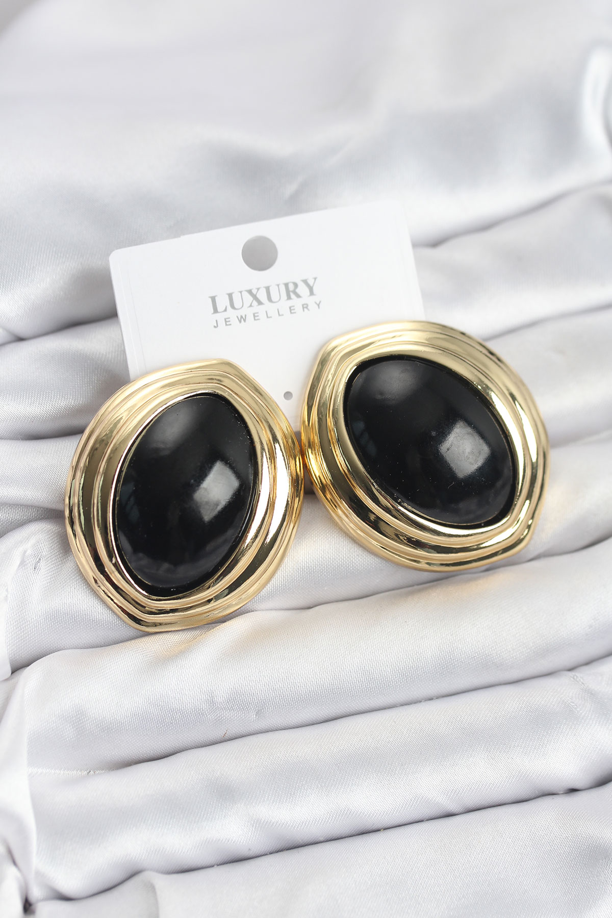 Pirinç Siyah Badem Model Vintage Gold Kadın Küpe 2