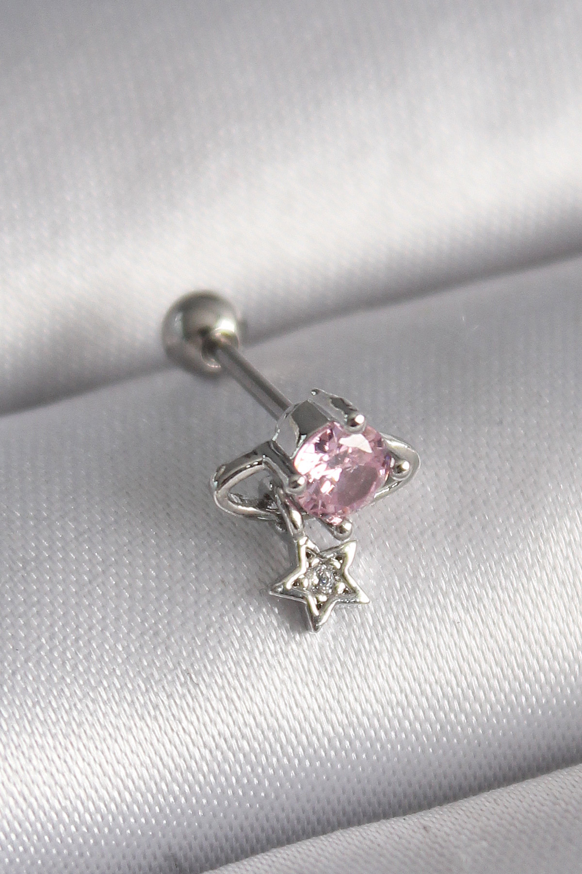 Çelik Gümüş Renk Pembe Zirkon Taşlı Sallantı Yıldız Detay Tragus Piercing