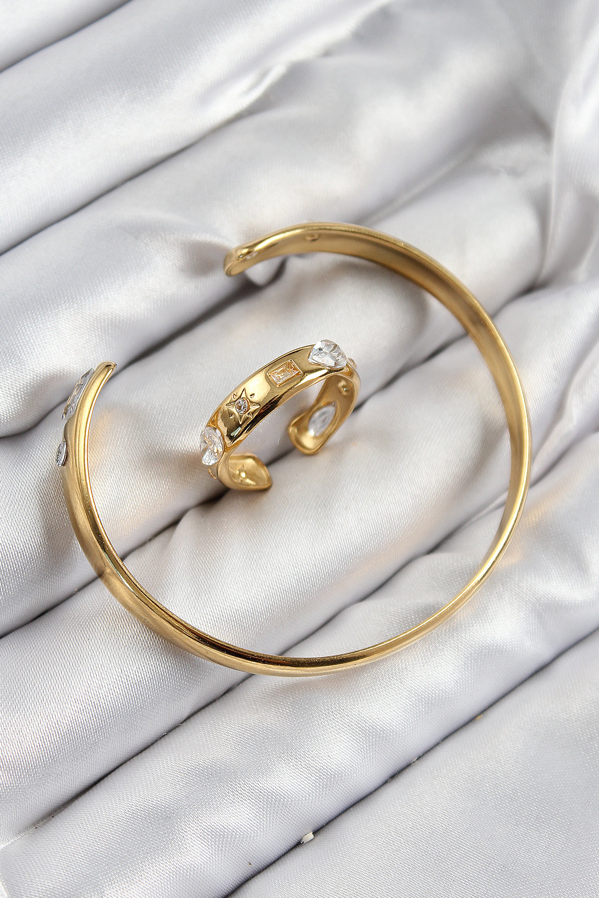 Pirinç Zirkon Taşlı Ayrık Model Gold Renk Bileklik Yüzük Set 1