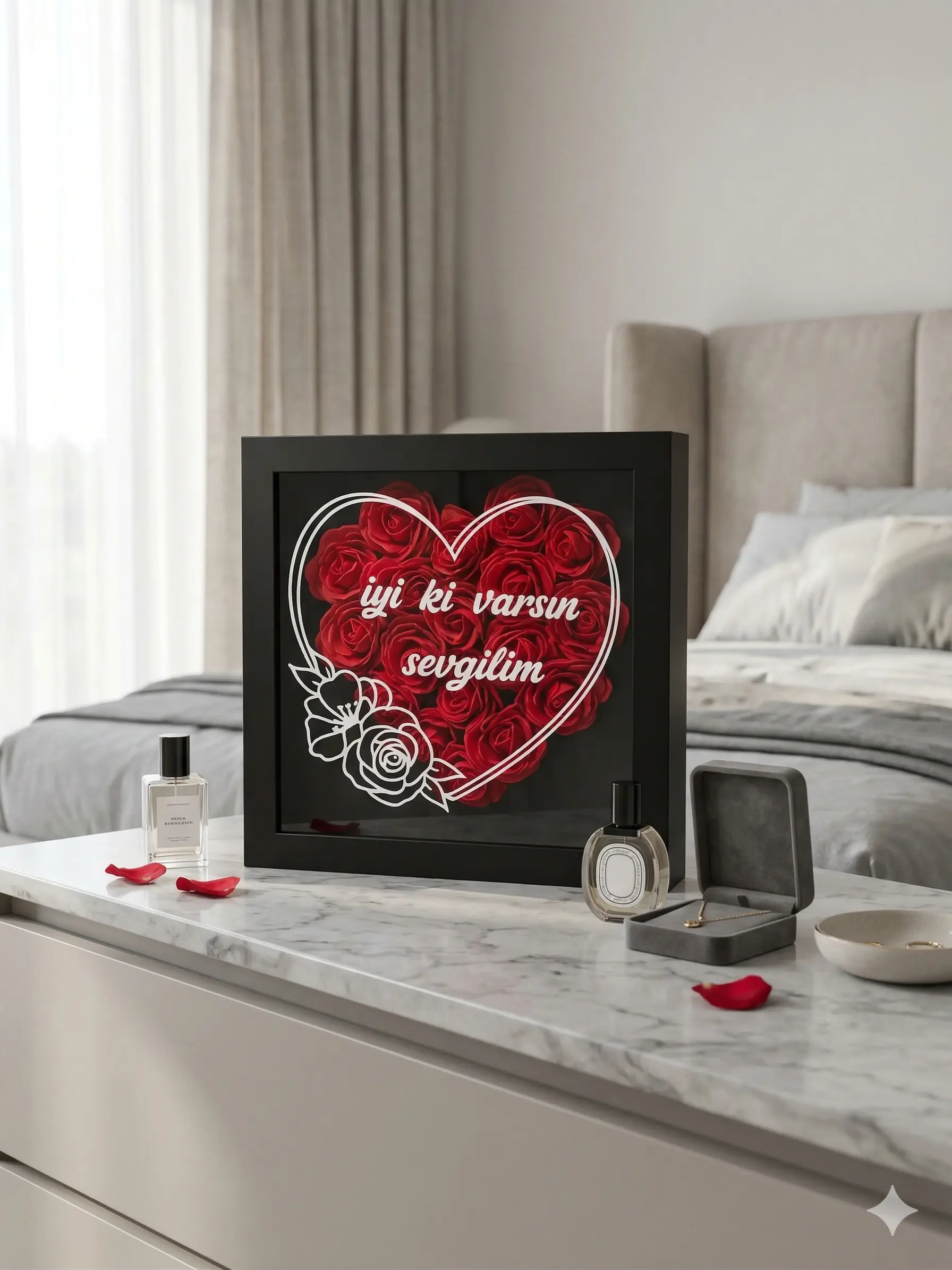 İyi Ki Varsın Sevgilim | Kırmızı Gül Kalp Tasarım Derin Çerçeve & Özel Hediye