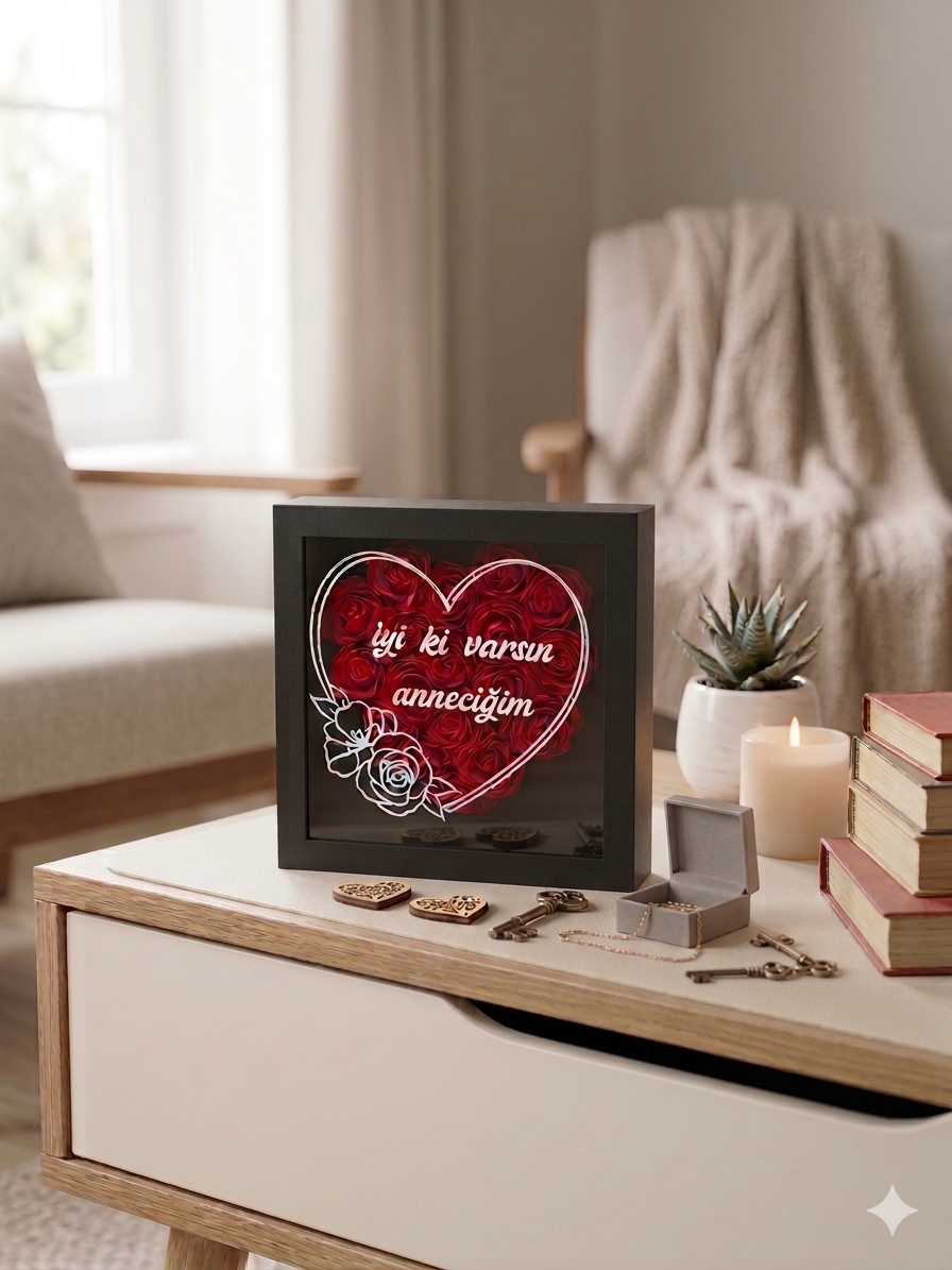 Red Rose Heart | Tasarım Derin Çerçeve & Masaüstü Dekoratif Obje